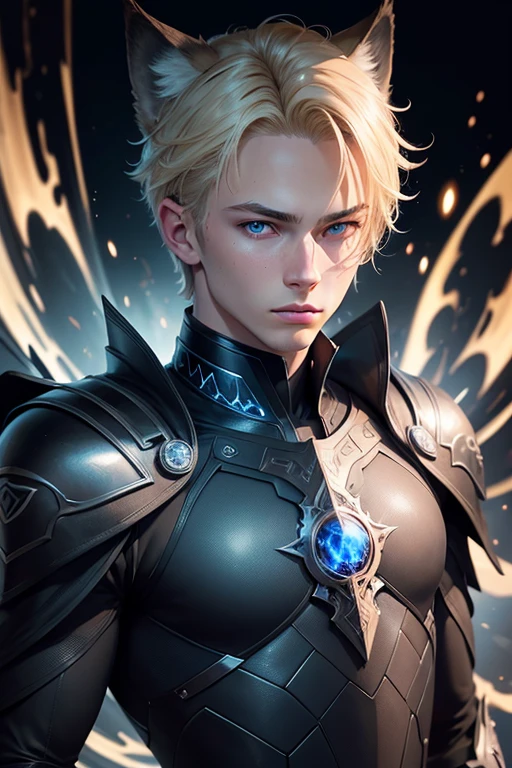 A blonde-haired, blue-eyed -yeld mawith black wolf ears, intricate detailed face and eyes, flawless skin, mysterious expression, sleek black bodysuit, cosmic energy swirling around, dark shadowy background, cinematic lighting, highly detailed, photorealistic, digital art, masterpiece