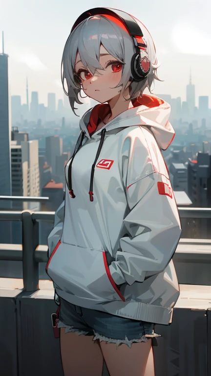 One girl, short ash gray hair, Red eyes, Wearing a white hoodie, Denim shorts, city, Absurd, High resolution, Super sharp, 8k, masterpiece, View Viewer, headphone