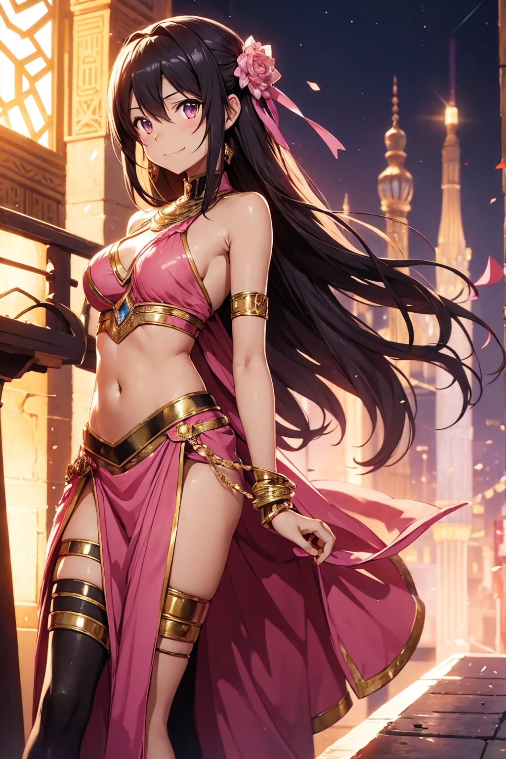 Kirito, Pink egyptian dancer&#39;s clothing, blushing and smiling, dark skin and long hair, standing alone in the dance hall, big breasts breast enlargement breasts pumped up looking at the camera