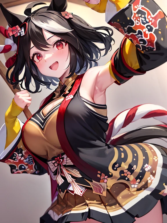 1 girl、{kitasan black,Umamusume,red eyes, horse ears, Uma Musume, horse tail, black hair, short hair, messy hair, wavy hair, smile}, Kyoto animation style, {Upper body}, {outstretched arm}, {Sweat}, handsome figure, woman, very beautiful detailed anime face and eyes, ^ ^, big breasts, Wallpaper 8k CG, very detailed, 4k,Show your armpity armpits are damp, (((cum on armpits)))