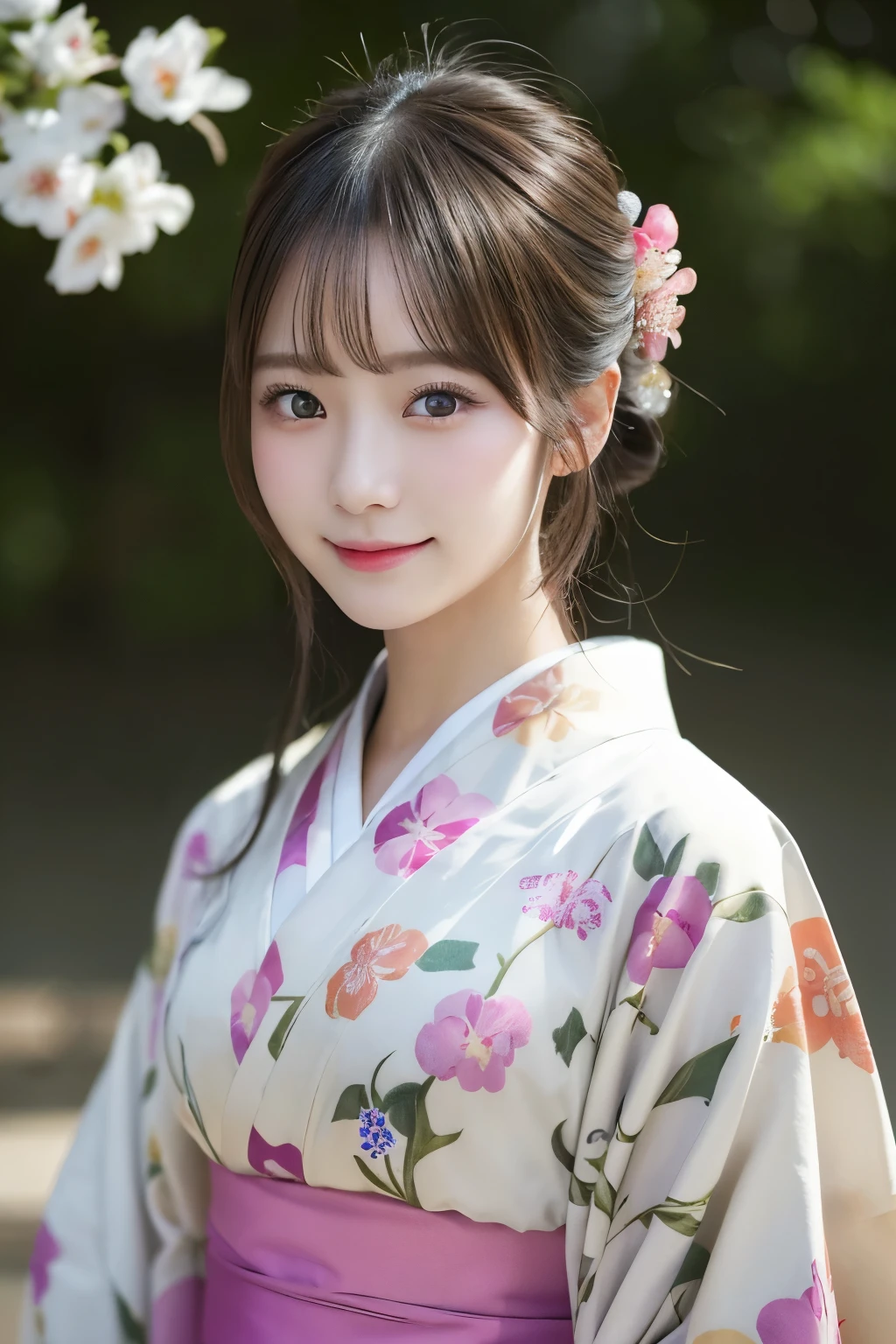 (kimono)、masterpiece、beautiful girl、Beautiful detailed eyes、highest quality, 超A high resolution, (reality: 1.4), Cinema Lighting、(Japanese Girls)、so beautiful、Beautiful Skin、(Looking at the audience)、(Surreal)、(High resolution)、(8k)、(Very detailed)、(Beautiful fine details)、(Very detailed)、 (wallpaper)、Detailed face、Bright lighting、Professional Lighting、Smile