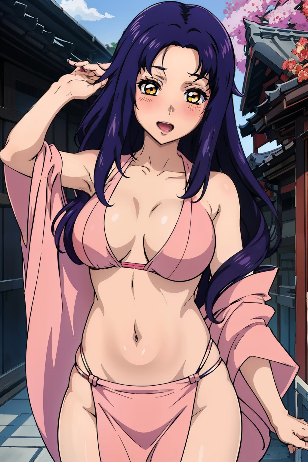 purple hair, yellow eyes,,forehead,long hair,
, blush,
lipstick, masterpiece, best quality, highly detailed, a anime girls in kimono dress with a sword posing for a
picture, bare shoulder,open kimono, evil smile, open mouth, crop top , (nsfw) not safe for work, smile,
ecchi anime style, anime girls, ecchi style, ecchi, digital anime art!!, in anime style, official artwork, visual
novel cg, beautiful anime girl, anime style 4 k, kimono pencil skirt, exposed belly, exposed navel,
exposed midriff, exposed lower belly, outdoor, japanese architecture, temple