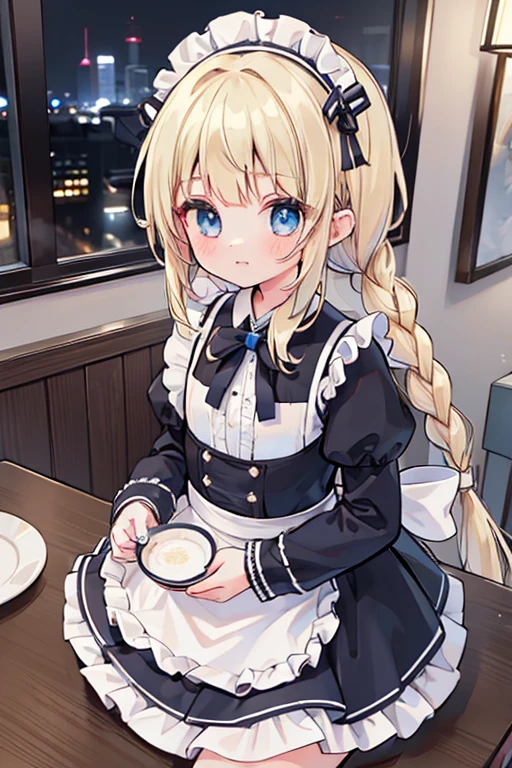 (8k, highest quality, Tabletop:1.2)、Ultra-high resolution、One 14-year-old girl, Perfect Fingers, Detailed face, blue eyes, Blonde, Braid、Black maid outfit,  In the city, cleaning