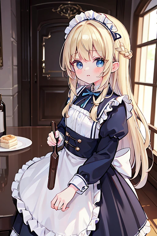 (8k, highest quality, Tabletop:1.2)、Ultra-high resolution、One -yeld gi Perfect Fingers, Detailed face, blue eyes, Blonde, Braid、Black maid outfit, In the city, cleaning