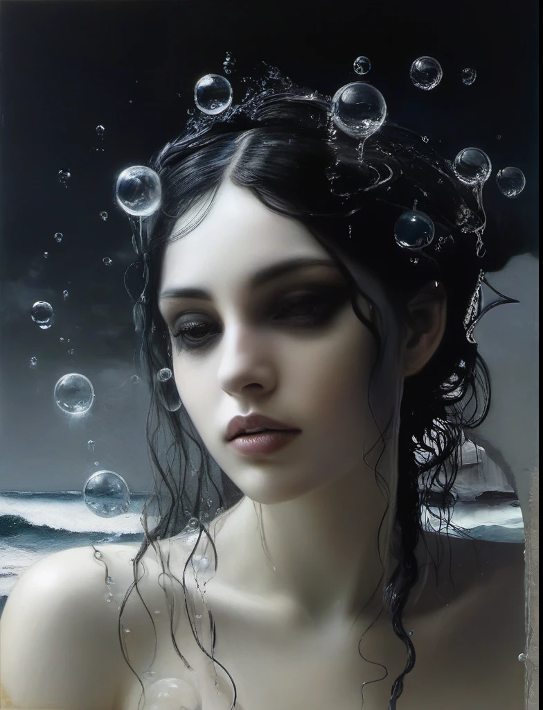 James Gurney, Surrealist art , dream-like, mysterious, Provocative, symbolic, Complex, detailed,, (Gothic but very beautiful:1.4), (masterpiece, Highest quality:1.4) , Nicola Samori Style, The moon kissed the mermaid , Water bubbles