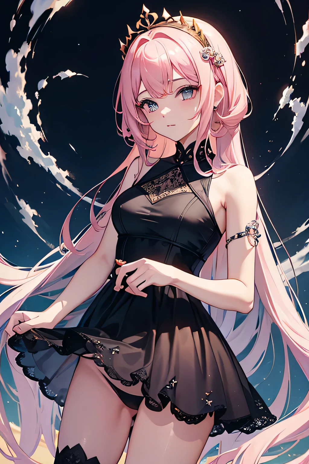 Seorang gadis perempuan sedang makan, memakai dress ,high quality,best detail anime art, aesthetic art, dark landscape