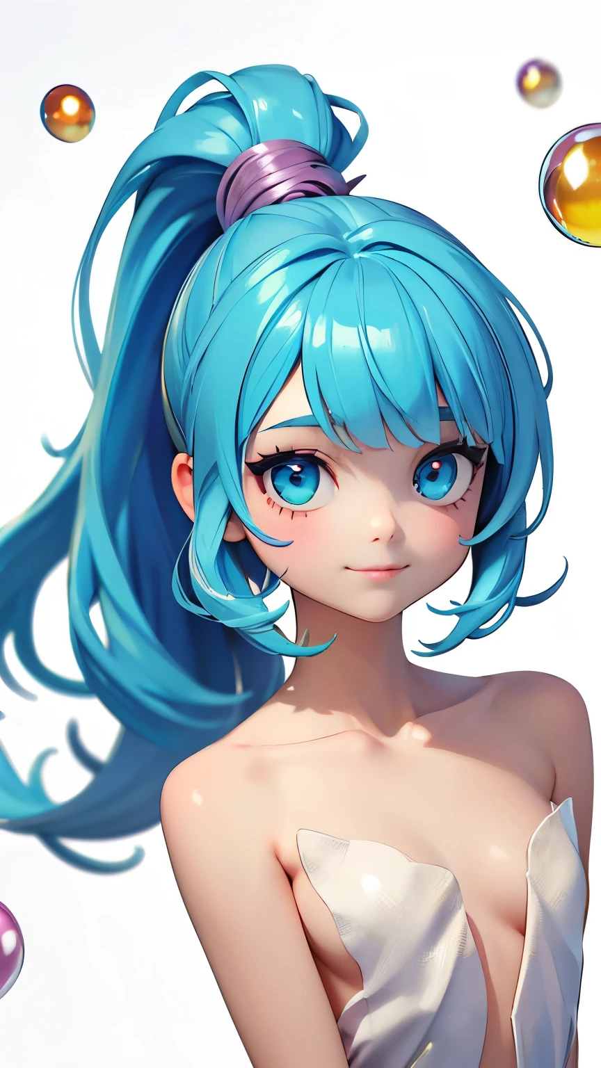 (masterpiece), (highest quality), (Super detailed), (Disheveled Hair), (figure), (One Girl),Small Bust,, (Fashionable clothes), Are standing, Fashion Model, Beholder, (interview), (Simple Background), Beautiful and beautiful eyes, Delicate and beautiful face, floating, (High chroma), (Colorful Splash), Colorful Bubbles, (Shine), Focus on the face, ponytail, Light blue hair, bangs, Hair Ring, floating Flowers, floating Hairs, (The Shining), Best lighting, Best Shadow,Completely naked,topless,A shy smile,Happi Flutter,