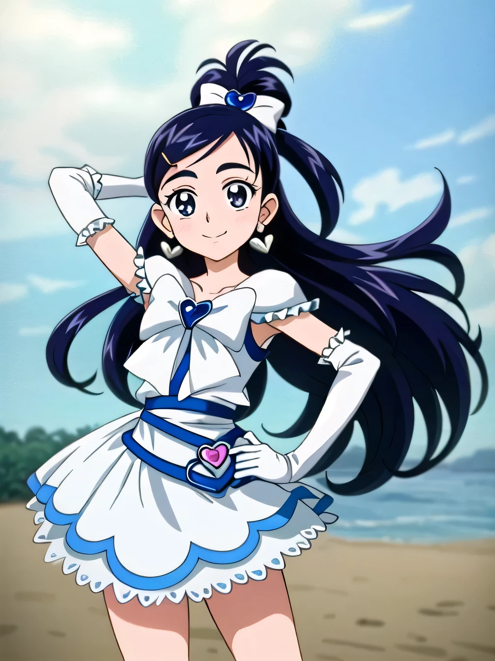 (masterpiece), best quality, (cel anime), highest quality, ((high detail:1.2)), (HDR), (cinematic light:1.1), highres, 1girl, solo, (curewhite:1.5),(little girl:1.5), high quality, solo, night sky, beach, {arm behind head, hand on hip}, contrapposto, closed mouth, spread armpits, (cowboy shot:1.5), looking at viewer, smile,  half updo, jewelry,  earrings, dress, white dress, magical girl, heart brooch, frills, ribbon, bow, black hair,arm warmers, blue hair, heart earrings, black eyes, gloves, hair ornament, smile,