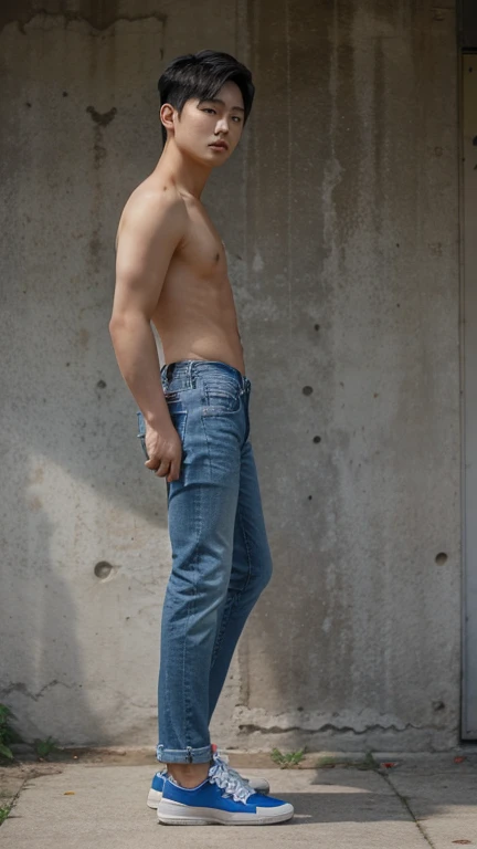 Korean young man, topless, blue jeans, shoes, profile shot