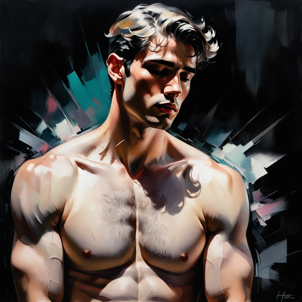 chiaroscuro technique on sensual illustration of an arafed man in white underwear, sexy masculine, diego fazio, male model, by Ludovit Fulla, model with attractive body, inspired by Ludovit Fulla, mid-shot of a hunky, the model draped in flowing, thick oil painting by Harumi Hironaka, extremely soft colors, vibrant, highly detailed, malcolm liepke painting, oil on canvas, high contrast, dramatic, refined, tonal, Create high contrast between light and shadow Include subtle highlights to accentuate the facial features and the glass shards