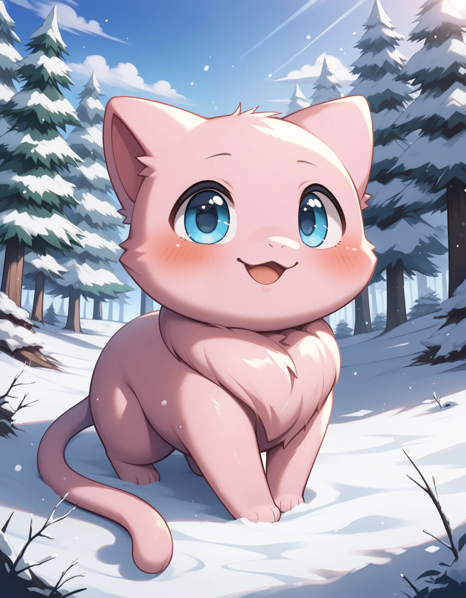 score_9, score_8_up, score_7_up, mew pokemon, cute, smile, forest,, best quality, hi res, masterpiece, absurd res, highly detailed, 4k, impasto, digital media \(artwork\), uploaded on e621, by Fumiko, by Carl Critchlow, by Ittybittykittytittys, by Arnold Franz Brasz, by Fumiko, by Sou Fujimoto, by TeamLab, by Mikko Lagerstedt, by Hioshiru, by Goro Fujita, by Shuuko, by Kasia Nowowiejska, by Whooo-Ya, by Sskomu (artist), by Kakure Eria ADDCOMM, (simple background), winter, snow, forest BREAK, solo, chibi, nude, full body, blue eyes, pink fur, pokemon \(species\), glistening body, looking at viewer, blush,