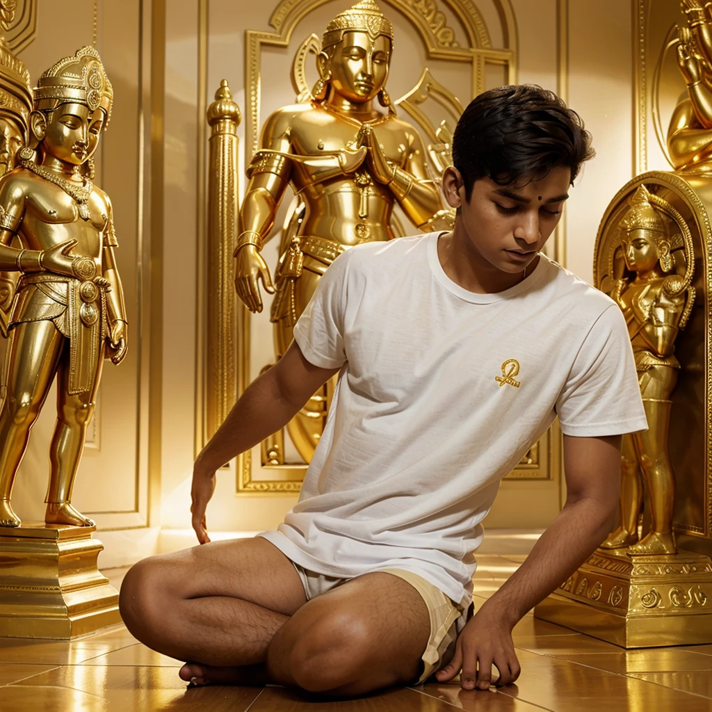 Create a 3D cartoon type image in which a 19 year old boy is praying in front of Indian God. And we are wearing a white shirt and "ABHISHEK" is written in big and golden letters on the shirt. The atmosphere behind is like heaven