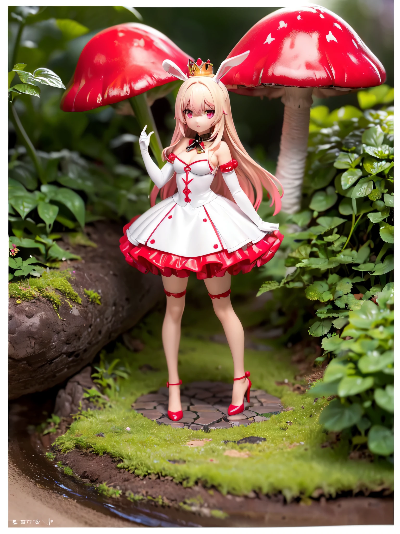 ((melhor qualidade)), ((Obra de arte)), (detalhado:1.4), 3D, please generate and expand: action figure ,1/7 scale figure in an Versace or Prada modern fashion look. bunny with anime eyes, white hair, gorgeous, big, bunny gal in mushroom fashionista outfit and a golden crown on head, furrycore, red gloss lips, beautiful pink eyes, cute, red mushroons, against a mushroom forest, cinematic, colorfulHDR (high-range dynamics),Rastreamento de raio,nvidia rtx,Super-resolution,irreal 5,underground dispersal,pbr texturing,Post-processing,Anisotropic filtering,Profundidade de campo,maximum clarity and sharpness,Texturas multicamadas,Albedo e mapas especulares,Surface shading,Accurate simulation of light-material interaction,perfect proportions,octane rendering,Two-tone lighting,Grande abertura,ISO baixo,White balance,rule of thirds,8k cru,