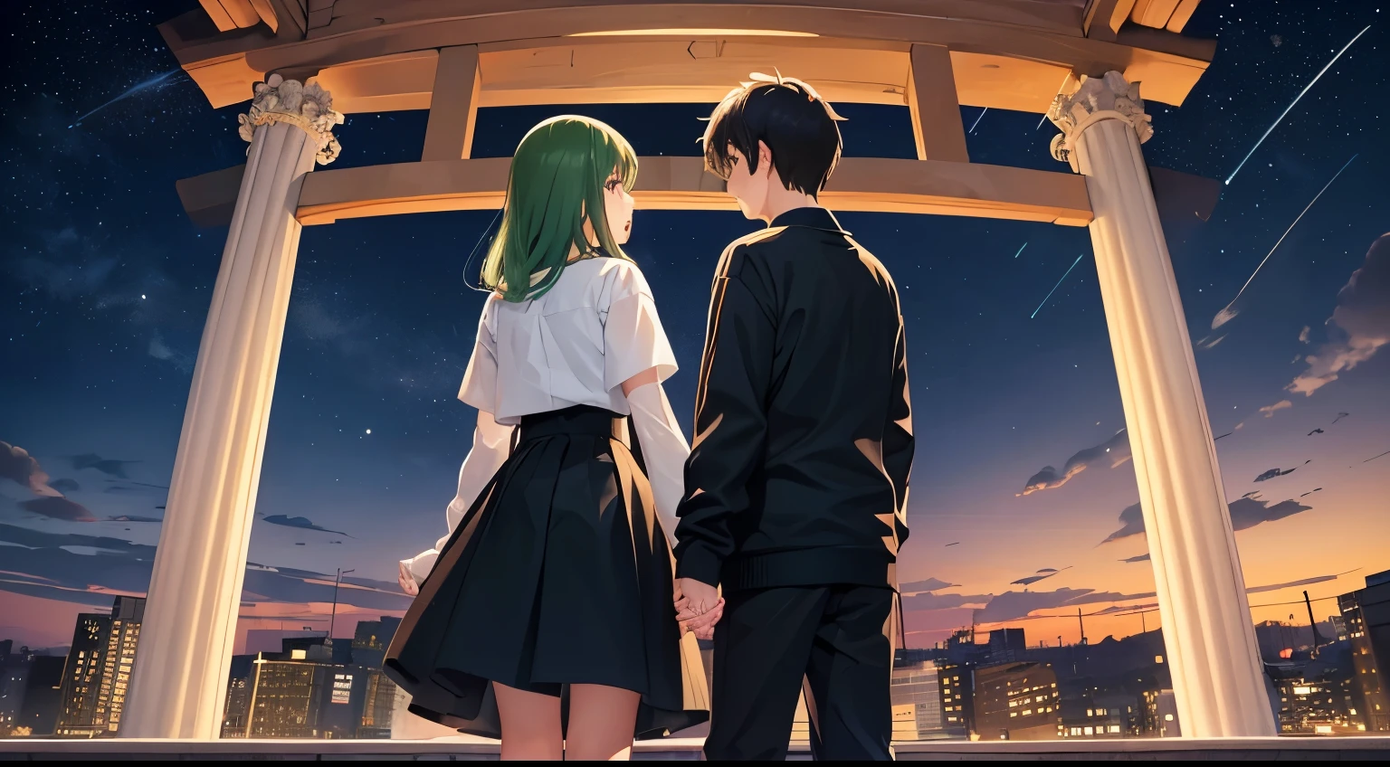 、Male and female couple、Holding hands、Back view、The girl is GUMI、Skirt 10cm above the knee、The man is wearing black plain clothes、The color of the shoes is black、whole body、Detailed facial expressions、Anime Style、comics, Bright starry sky. Romantic、Pure、masterpiece, highest quality, Super detailed, Beautiful illustrations