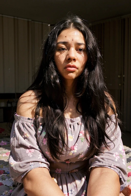 beautiful black woman 30 years old, long black hair, square defined face, big lips, background in home bedroom, with floral flowy light pink long dress, sitting on the bed, reading the Bible, praying, realistic, very angry facial crying a lot of tears, excretion.