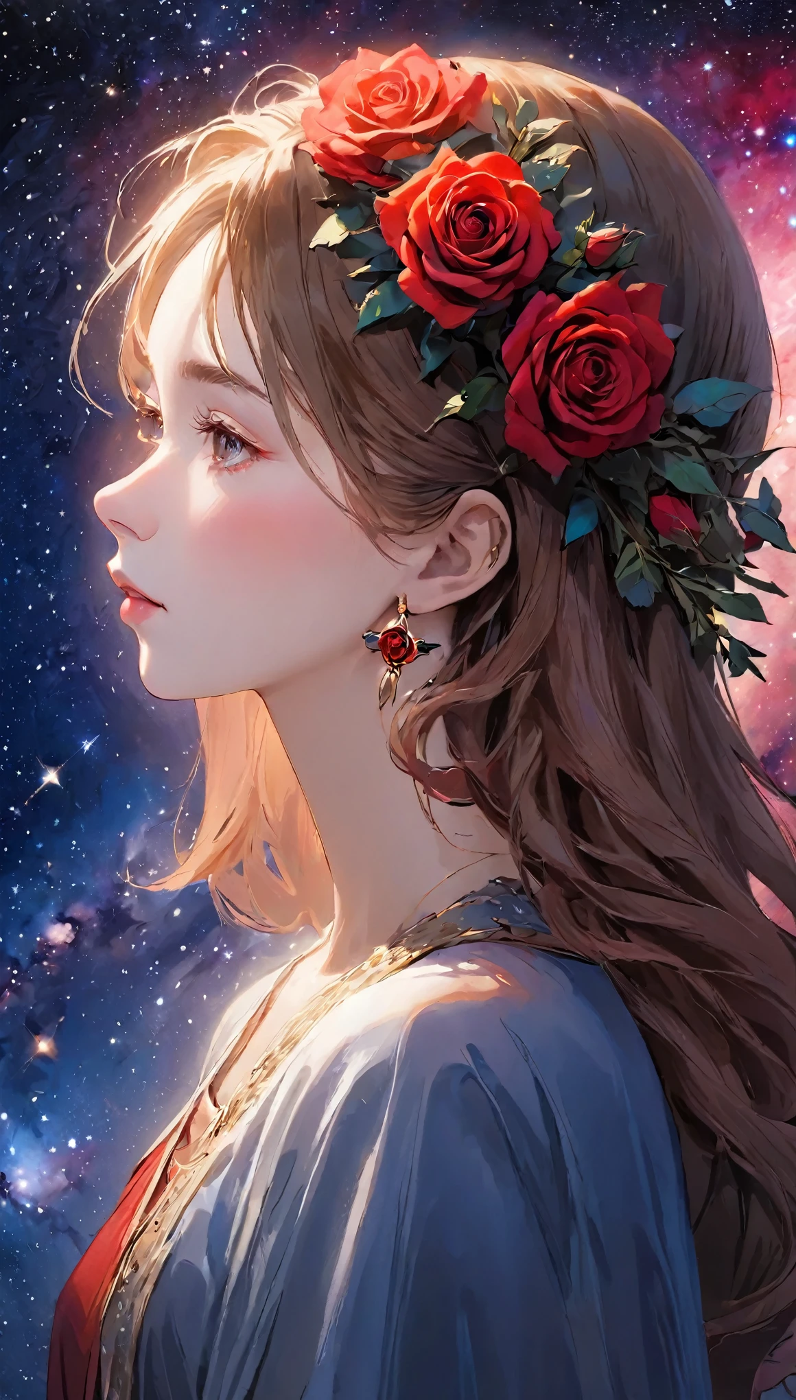 RAW Photos、Realistic、Upper body angle、Beautiful woman portrait、１４talent、 profile , Look ahead,prayer、Join hands、 She has a red rose in her hair around her ear, background cosmos,Red Galaxy、 Close-up, 超Realistic. Masterpiece of Art.