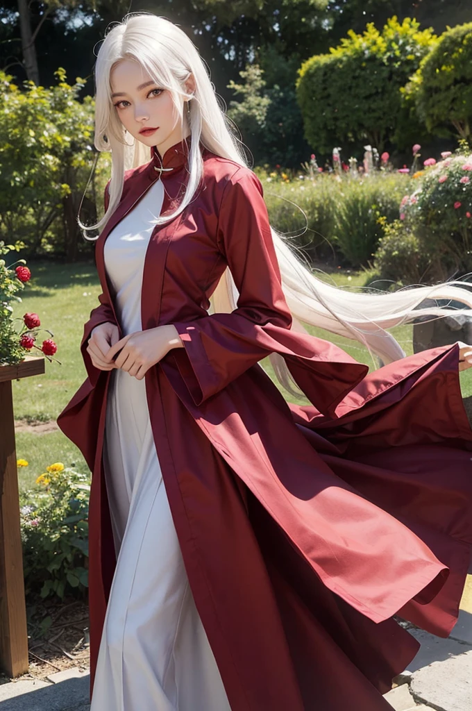 a young beautiful woman,Slim figure,long white hair,Wearing a red dress,woods,Sunlight,Flowers,Stone