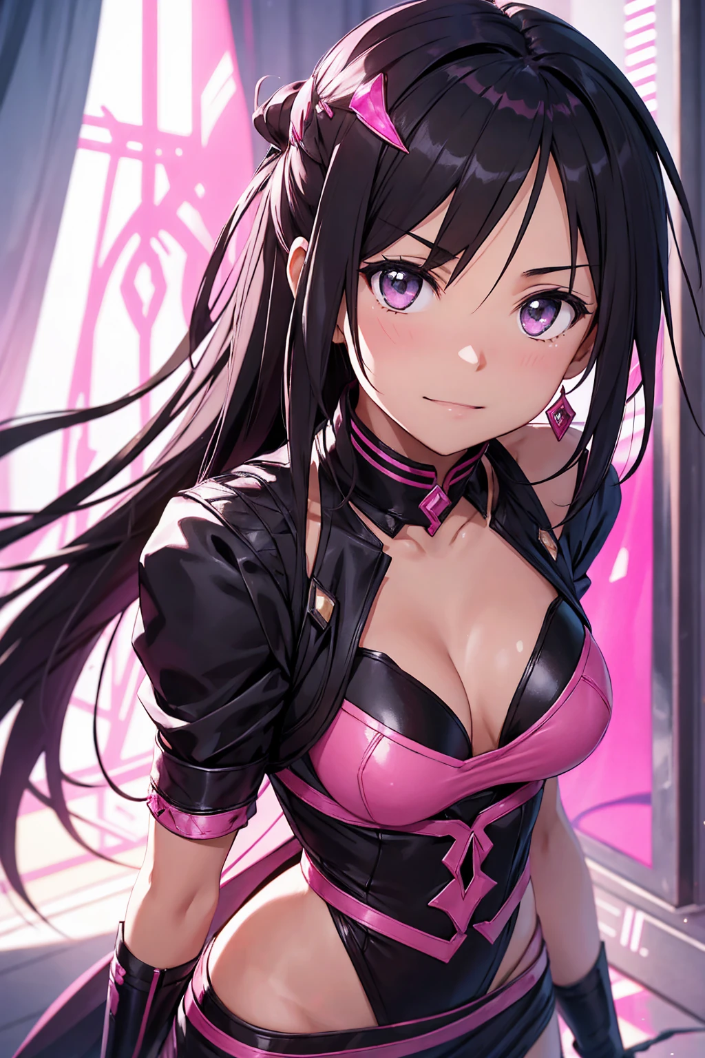 Kirito, Pink egyptian dancer's clothing, blushing and smiling, brown skin, long black hair, standing alone in the dance hall, big breasts breast enlargement breasts pumped up looking at the camera