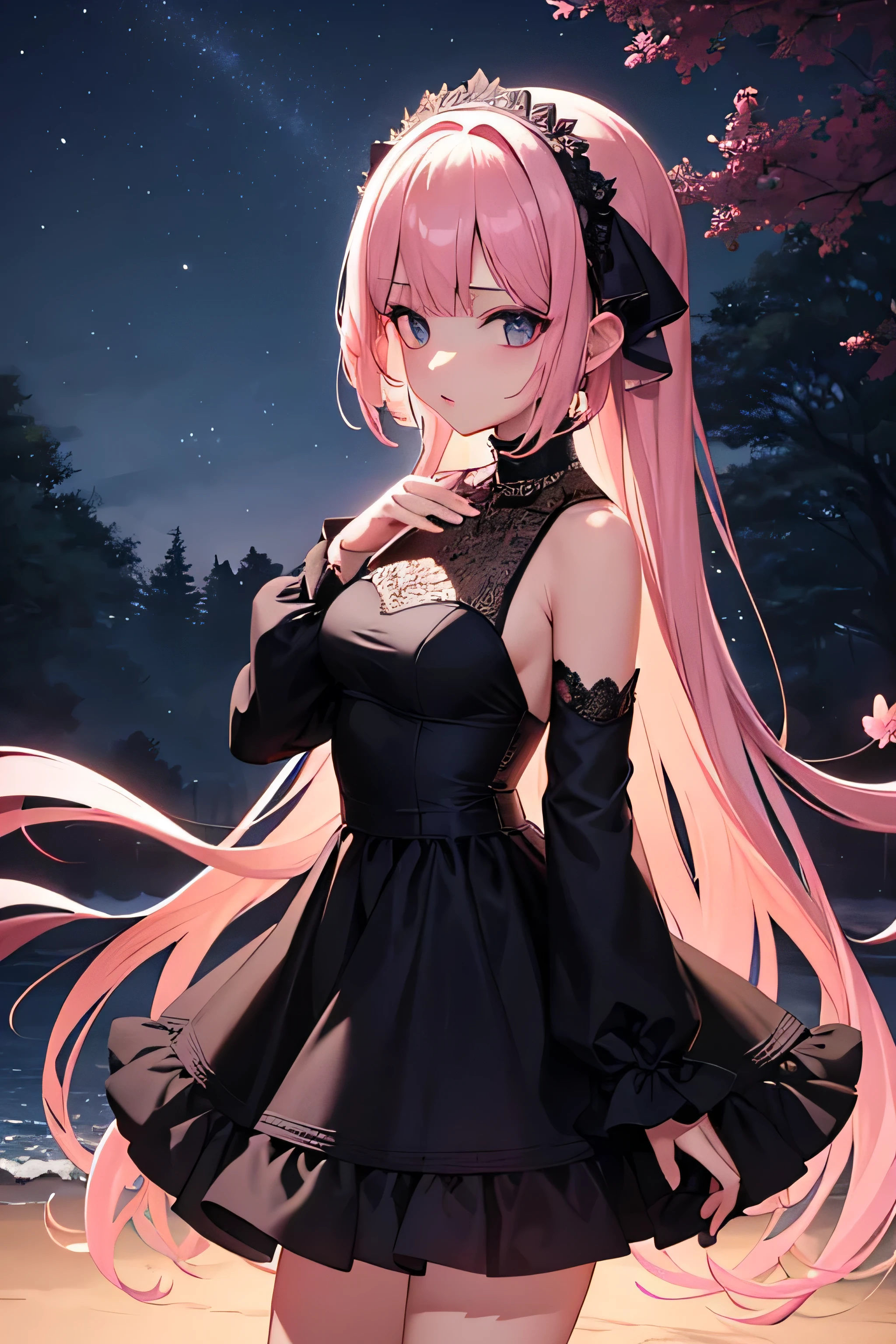 Seorang gadis perempuan sedang makan, memakai dress ,high quality,best detail anime art, aesthetic art, dark landscape