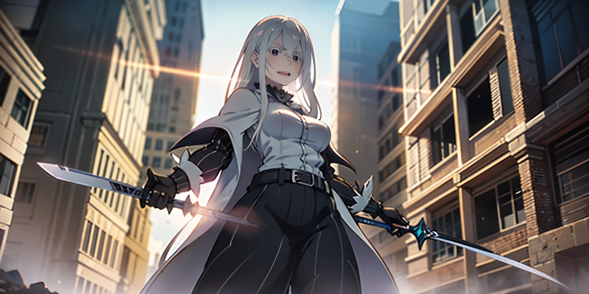 (long hair, silver hair:1.3), purple eyes, hair ornament, pale skin, anatomically correct, heavy breathing, huge breasts, holding_weapon, sword, breasts, skirt, gloves, closed_mouth, holding_sword, black_gloves, standing, from_below, bangs, coat, medium_breasts, black_legwear, dress, belt, looking_at_viewer, "glow effects, godrays, Hand drawn, render, 8k, octane render, cinema 4d, blender, dark, atmospheric 4k ultra detailed, cinematic, Sharp focus, big depth of field, Masterpiece, colors, 3d octane render, 4k, concept art, trending on artstation, hyperrealistic, Vivid colors, extremely detailed CG unity 8k wallpaper, trending on CGSociety, Intricate, High Detail, dramatic", (shaded face:1.2), hollow eyes, purple eyes, looking at viewer, (heavy breathing:1.2), smirk, upper teeth, glaring eyes,