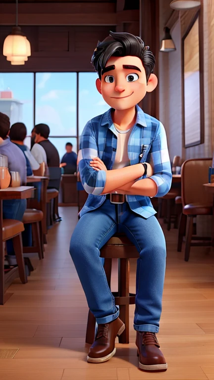 Man with half bald black hair wearing white and blue lumberjack shirt and blue denim jeans sitting at a cafe, drinking a soda drinks