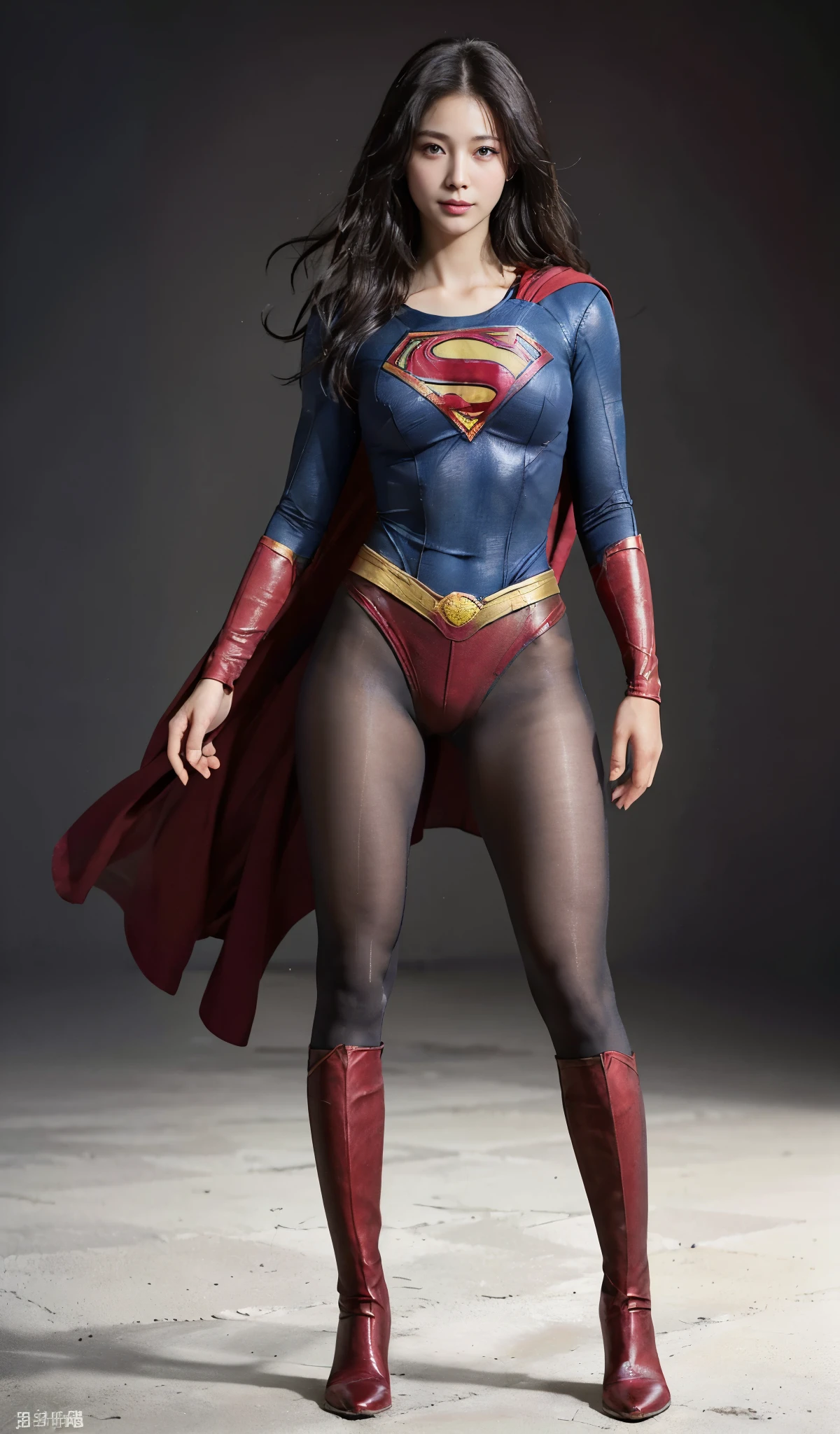 No background、(((Beautiful legs in black tights.)))、(((Legally express the beauty of your smile)))、((((Make the most of your original images)))、(((Supergirl Costume)))、(((Beautiful Hair)))、(((suffering)))、(((Please wear black tights....、Wear red boots)))、((Best image quality、8k))、((highest quality、8k、masterpiece:1.3))、(((Preserve background )))、Sharp focus:1.2、Beautiful woman with perfect figure:1.4、Slim Abs:1.2、Wet body:1.5、Highly detailed face and skin texture、8k