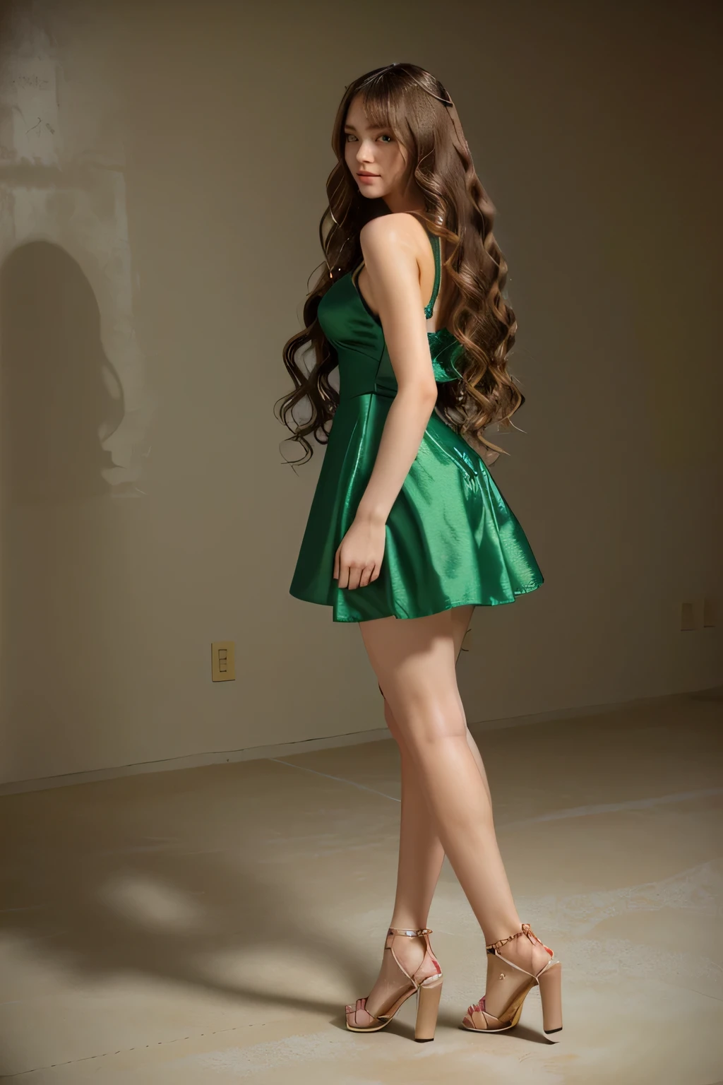 No background、Green Back,Realistic characters、16-year-old female,Wavy long hair with curled ends、Floating hair、High heel sandals、Anime Girl Cosplay,Detailed fabric one piece、Detailed skin and flesh、Cute Caucasian Woman, In a dress,Undershot、