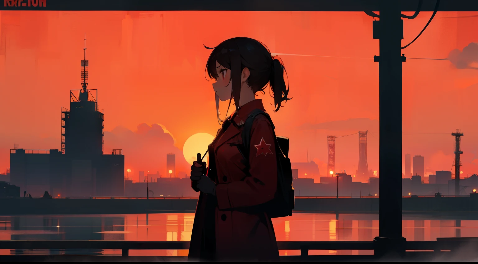 communism, working class girl, industrial city, silhouette comrades background, red star tower, red flag