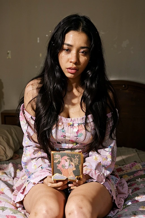beautiful black woman 30 years old, long black hair, square defined face, big lips, background in home bedroom, with floral flowy light pink long dress, sitting on the bed, reading the Bible, praying, realistic, very angry facial crying a lot of tears, excretion.