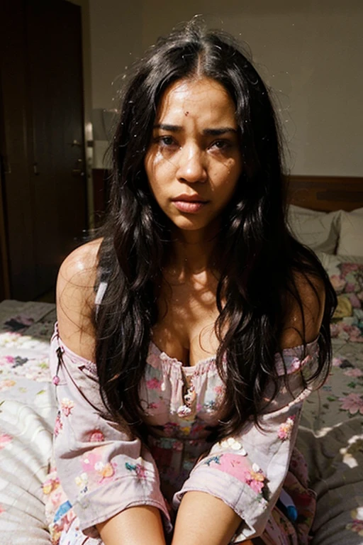 beautiful black woman 30 years old, long black hair, square defined face, big lips, background in home bedroom, with floral flowy light pink   long  dress, sitting on the bed, reading the Bible,   realistic, very angry facial crying a lot of tears,  excretion. 