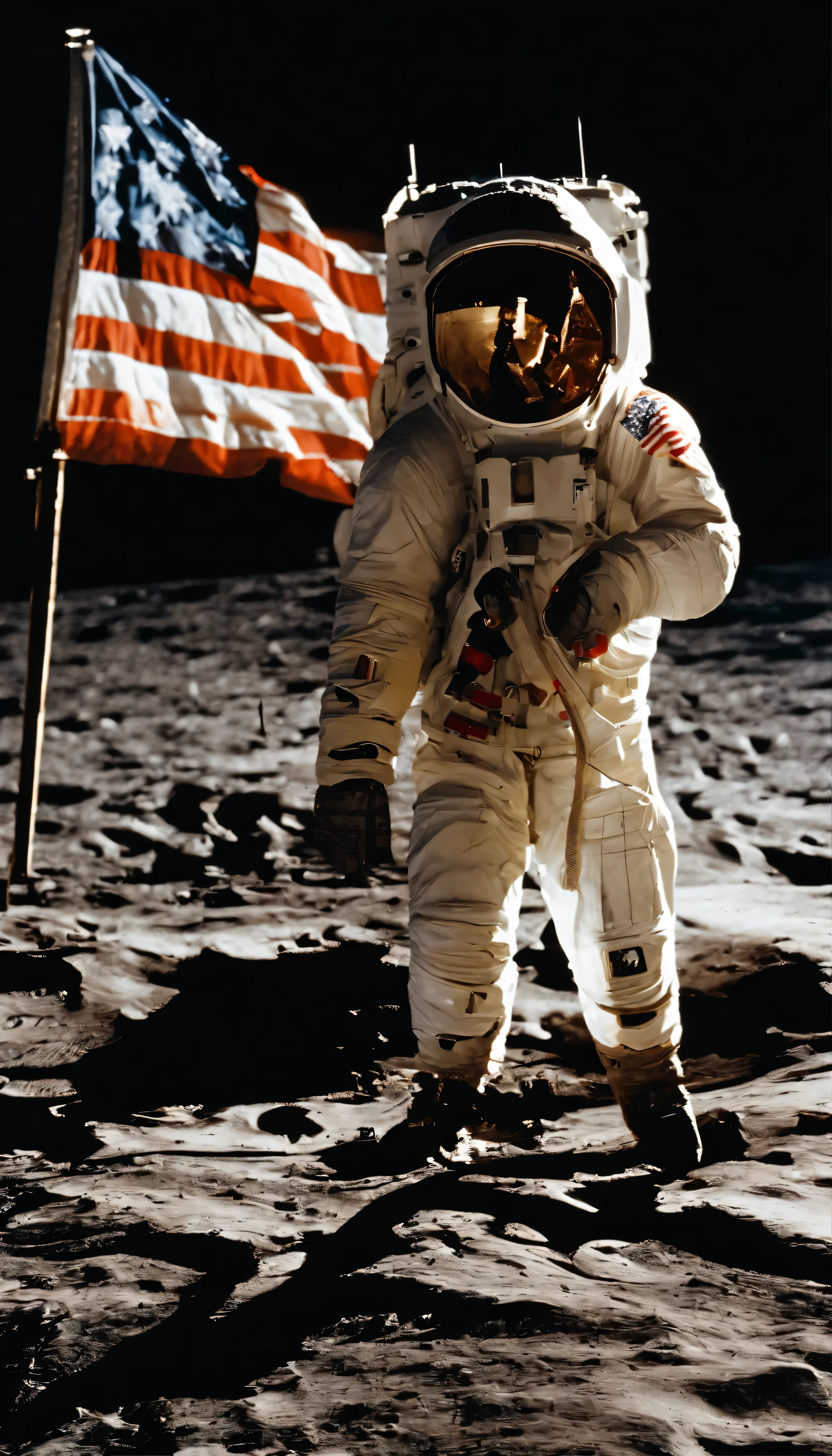 with high definition imageovie「Apollo 11」Recreating an iconic moment like in a movie - Realistic video of the 1969 Lunar Surface Landing、masterpiece:4.7、High resolution、Stunning reproduction、Historical events、Neil Armstrong、Buzz Aldrin、High quality details、An accurate depiction of the Apollo Lunar Module、Lunar Surface、The American flag was planted、Astronaut helmet、Spacesuit、Lunar Surfaceブーツ、Lunar Surfaceローバー、 Footprints of the Moon、Waving the American flag、Space Background、Black Void、star、Distant Earth、Bright colors、particles effect、