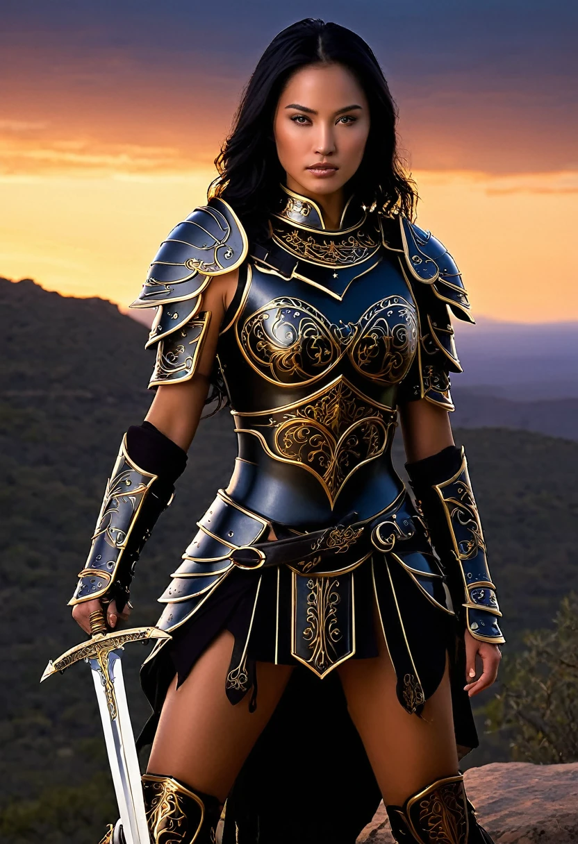 "Create a hyperrealistic image of a valiant beautiful Latina warrior poised atop a rugged hill at dusk. She is adorned in full body armor that glistens with gold detailing and embossed designs, reflecting the last rays of the setting sun. Her armor includes majestic shoulder pauldrons, vambraces, gauntlets, and a breastplate, each piece echoing the strength and elegance of ancient warriors. Her long black hair flows behind her, tied back to reveal a face marked by determination. In her firm grip, she holds a longsword with an intricate hilt design, pointing skyward as if to challenge the stars. The warrior's stance is one of unwavering confidence and power. The backdrop is a tapestry of deep reds and dark tones, with the final glimmers of daylight casting a noble aura around her. This scene captures the essence of nobility, strength, and the mystical allure of a warrior at the threshold of nightfall."