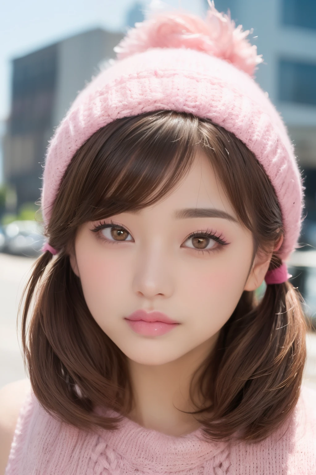 Tabletop, highest quality, shape, Very detailed, finely, High resolution, 8k wallpaper, Perfect dynamic shape, Beautiful and detailed, 、(Brown Hair、short hair、Hair Bun、Twin tails、bangsが揃っている、Trendy Korean makeup:1.4), Scapula, Glowing Lips,Genuine, bangs, (Golden ratio face、plump lower lip、Pink Lips:1.4)、Natural Lip, , (Big Breasts:1.6), whole body,Cleavage((Knitted hat))(((Blurred big city in the background)))(((Wear sleeveless knitwear))) 、(Pink blush on the tip of the nose、Cheeks:1.8)、Smile