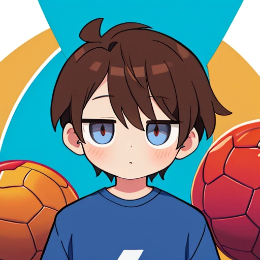 Un chico,con ropa casual, Brown hair,ojos azules,with a soccer ball next to him, perspectiva de frente,