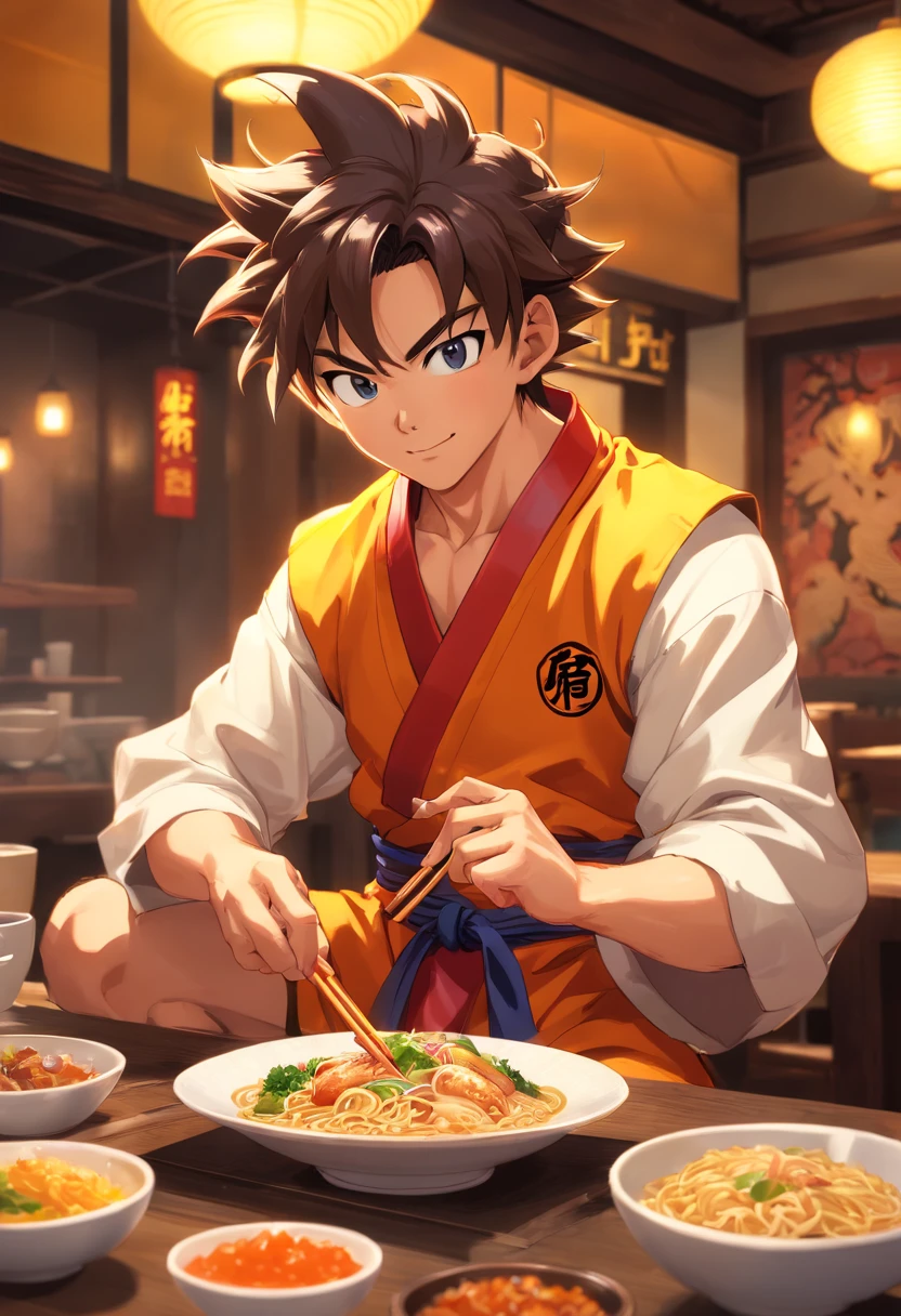 Dragon Ball Wukong,ape,Full body portrait,a real,Facial features are carefully depicted,Realistic skin texture,Dark style,Depth of Field,emphasize,real light,Ray tracing,oc rendering,Surrealism,Best quality,8K,masterpiece,Ultra-fine,Detailed pubic hair,Correct anatomy,Eyes in focus,Bokeh,Facial features are carefully depicted, in restaurant kitchen, Find an empty plate. Wukong Disfrutando de Fideos Chinos en un Restaurante" describe: In a cozy restaurant full of oriental style, Wukong, Famous Saiyan warrior, in the kitchen, Surrounded by delicious aromas. Wearing his iconic martial arts uniform, Wukong is sitting on a high stool in front of a kitchen counter.. A steaming cup of Chinese noodles was placed in front of him, Holding the chopsticks skillfully. With an expectant smile, Wukong se dispone a saborear los fideos con entusiasmo. His fellow Z Fighters met at a nearby table., Watch with interest his encounter with land delicacies. behind him, restaurant chef, Wearing their tradition, They watched with admiration as the legendary boxer enjoyed his meal. The atmosphere is warm and friendly, despite the epic adventures that Wukong and his friends regularly face. Soft lighting enhances the scene, Let the colors of the ingredients and the decoration of the restaurant emit a cozy glow. La imagen captura un momento inusual y relajado en la vida de Wukong, Enjoy a hearty meal during his amazing feat,Showing his most human side.