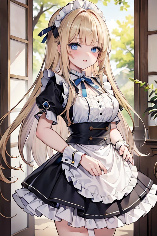 (8k, highest quality, Tabletop:1.2)、Ultra-high resolution、14-year-old girl, Perfect Fingers, Detailed face, blue eyes, blonde, Braiding、Black maid outfit,  entrance、Bend