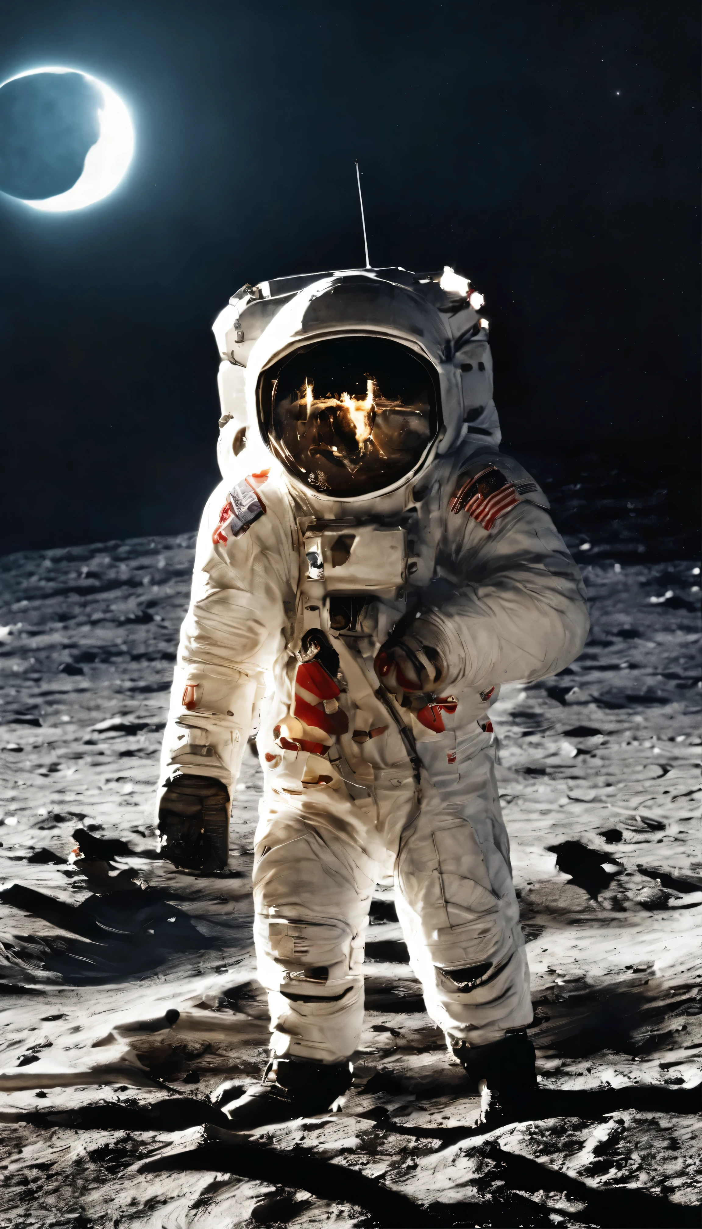 with high definition imageovie「Apollo 11」Recreating an iconic moment like in a movie - Realistic video of the 1969 Lunar Surface Landing、masterpiece:4.7、High resolution、Stunning reproduction、Historical events、Neil Armstrong、Buzz Aldrin、High quality details、An accurate depiction of the Apollo Lunar Module、Lunar Surface、The American flag was planted、Astronaut helmet、Spacesuit、Lunar Surfaceブーツ、Lunar Surfaceローバー、 Footprints of the Moon、Waving the American flag、Space Background、Black Void、star、Distant Earth、Bright colors、particles effect、