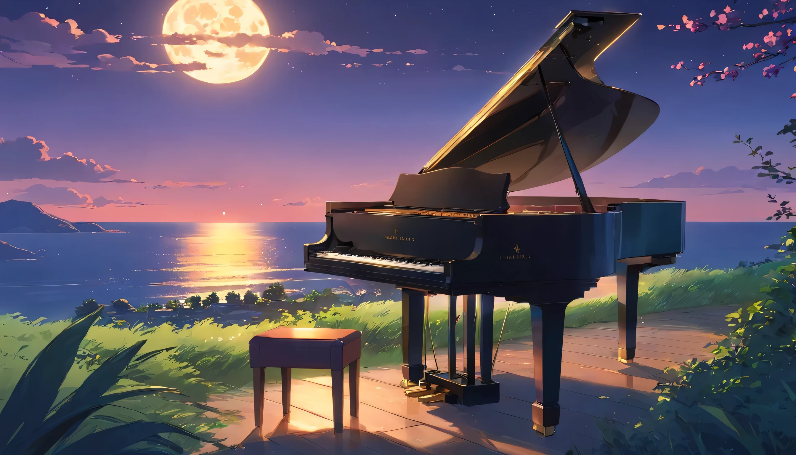 A grand piano placed on a hill overlooking the moonlight、The light of the full moon reflects off the sea, making it sparkle.