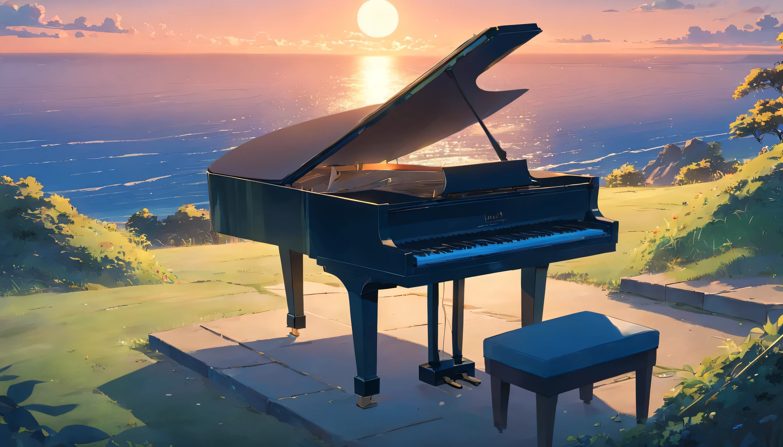 A grand piano placed on a hill overlooking the moonlight、The light of the full moon reflects off the sea, making it sparkle.