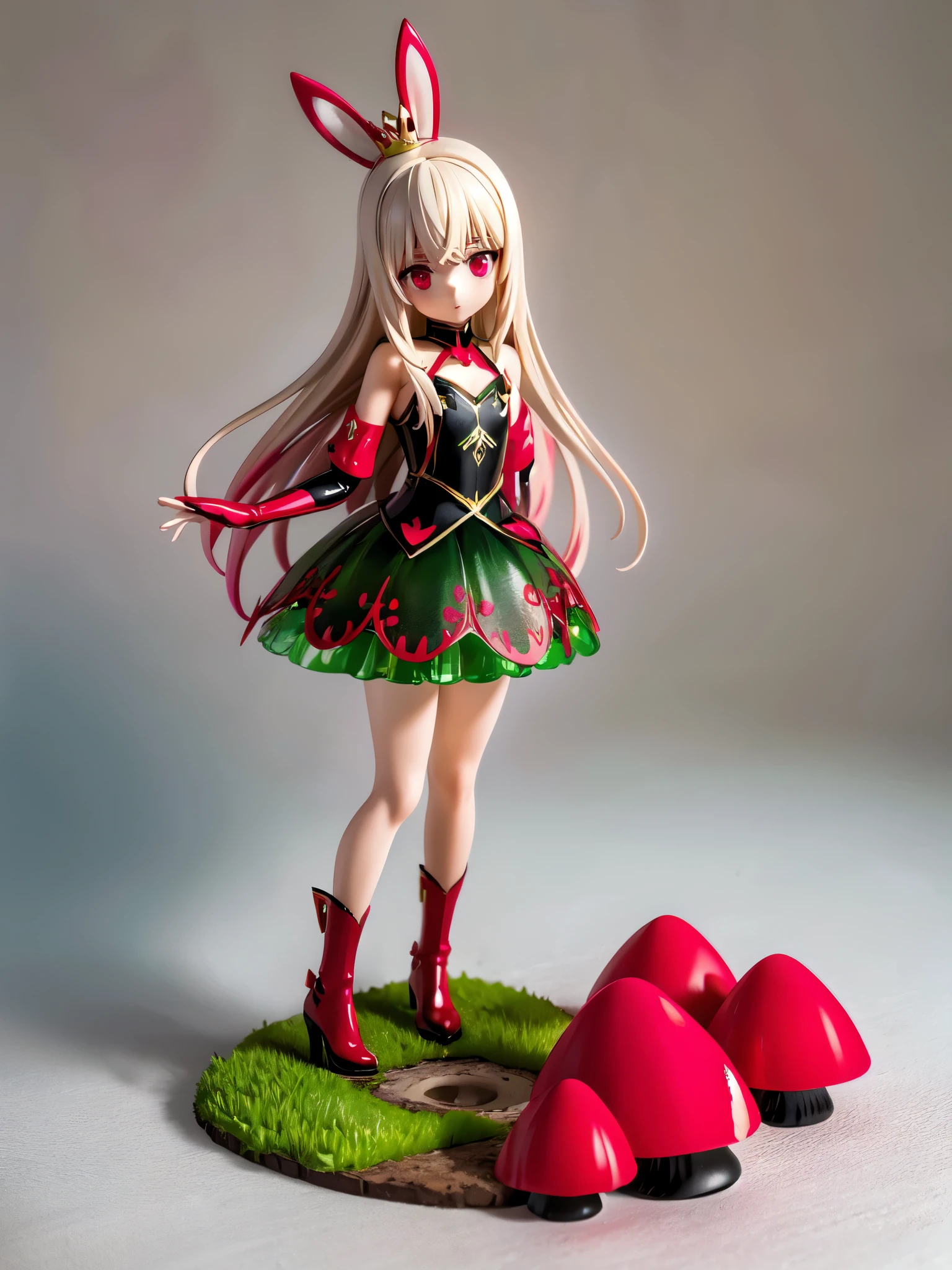 ((melhor qualidade)), ((Obra de arte)), (detalhado:1.4), 3D, please generate and expand: action figure ,1/7 scale figure in an Versace or Prada modern fashion look. bunny with anime eyes, white hair, gorgeous, big, bunny gal in red white mushroom fashionista outfit and a golden crown on head, furrycore, red gloss lips, beautiful pink eyes, cute, red mushroons, against a mushroom forest, cinematic, colorfulHDR (high-range dynamics),Rastreamento de raio,nvidia rtx,Super-resolution,irreal 5,underground dispersal,pbr texturing,Post-processing,Anisotropic filtering,Profundidade de campo,maximum clarity and sharpness,Texturas multicamadas,Albedo e mapas especulares,Surface shading,Accurate simulation of light-material interaction,perfect proportions,octane rendering,Two-tone lighting,Grande abertura,ISO baixo,White balance,rule of thirds,8k cru,