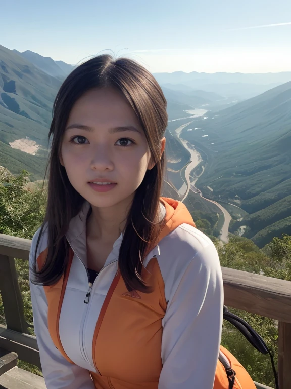 Hmph, Hmph, Ray Tracing, Radio City, Anisotropic Filtering, 16K, highest quality, Tabletop,One Girl, alone, mature,  Beautiful climber, Hiking Wear, Gradient Long Hair, perfection, detailed, Complex, rope, Mountaineering equipment、Smile、Orange sunset、Large Breasts、valley