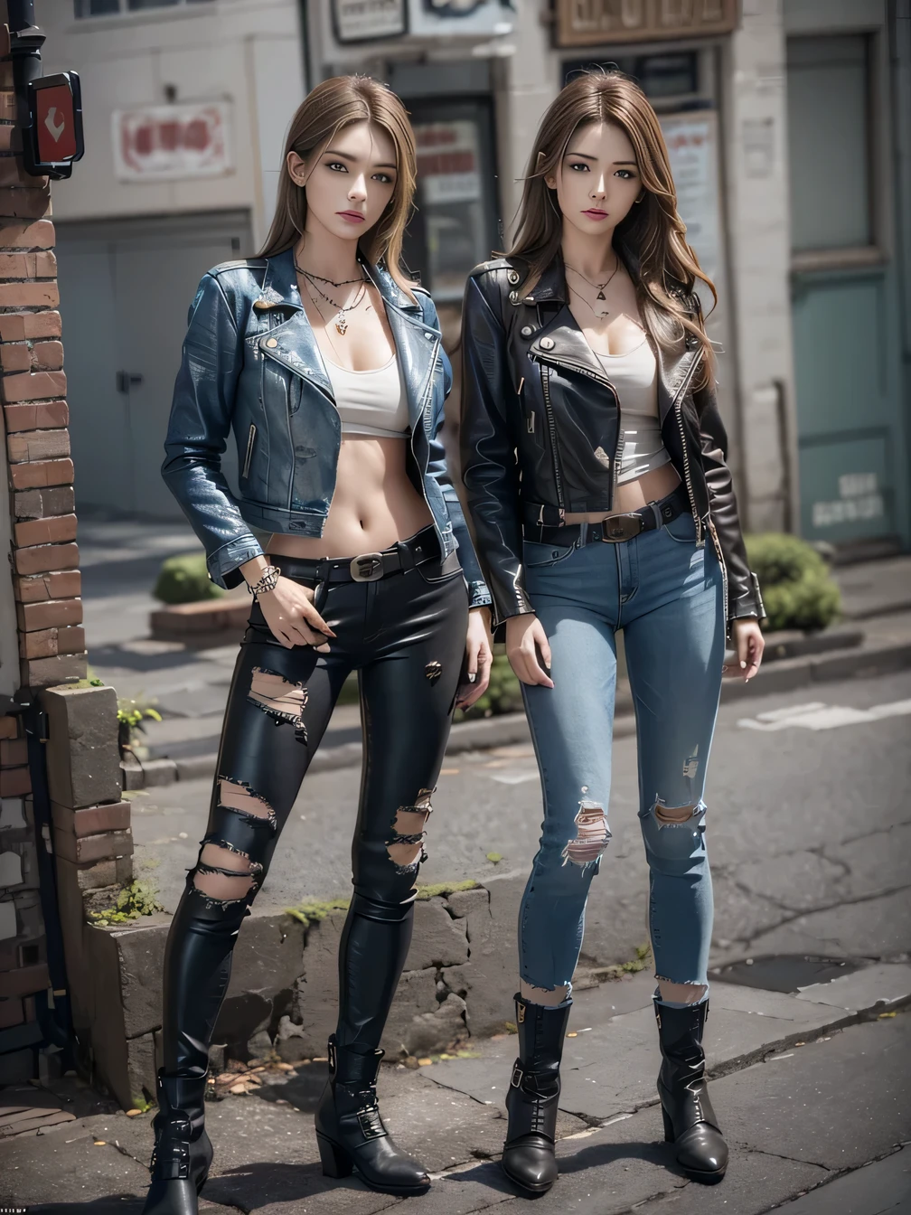 highest quality, masterpiece, Realistic photos, 、Leather Riders Jacket、Denim jacket、White undershirt、Vintage Denim、Distressed denim、laminate pants、Super tight pants、attractive leg line、Long legs、boots、Short Haircut、Light brown hair、Dark brown hair、Face in perfect detail,rivet、belt、Bangles、necklace、tattoo、Old broken brick building、stand arrogantly、1７Age２Human Girl