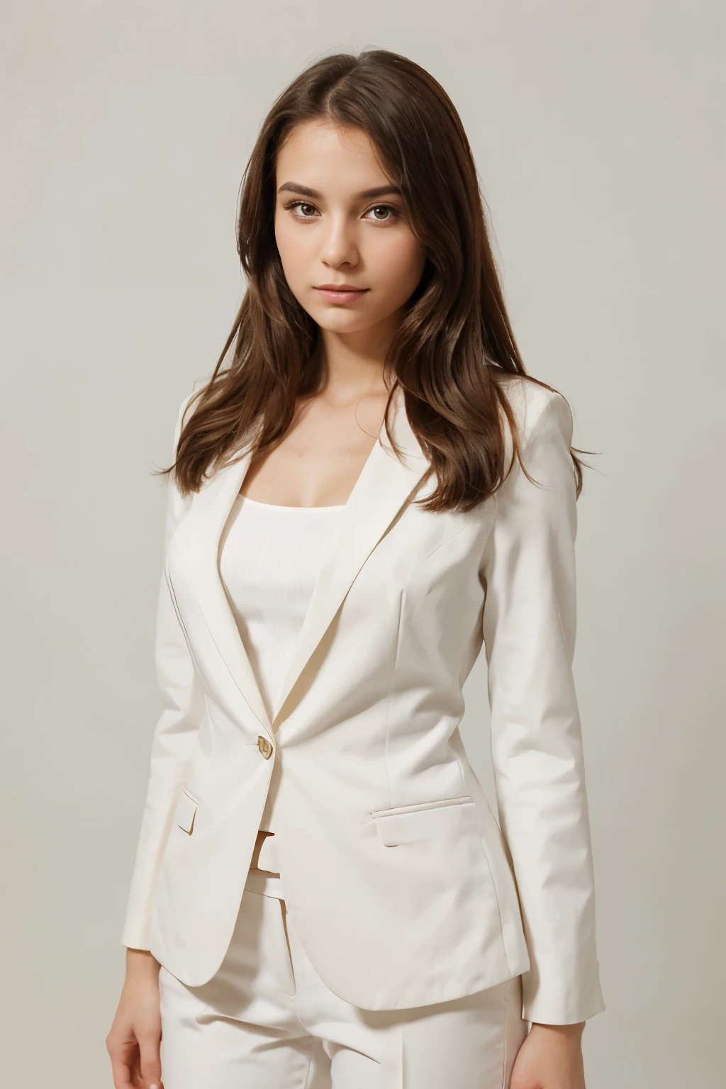 portrait of a beautiful young woman wearing a neat and polite formal suit isolated on a white background