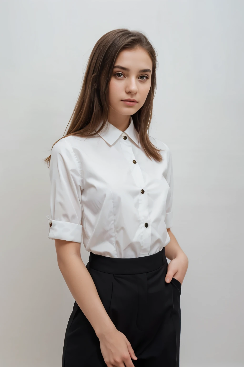 portrait of a beautiful young woman wearing a neat and polite formal suit isolated on a white background
