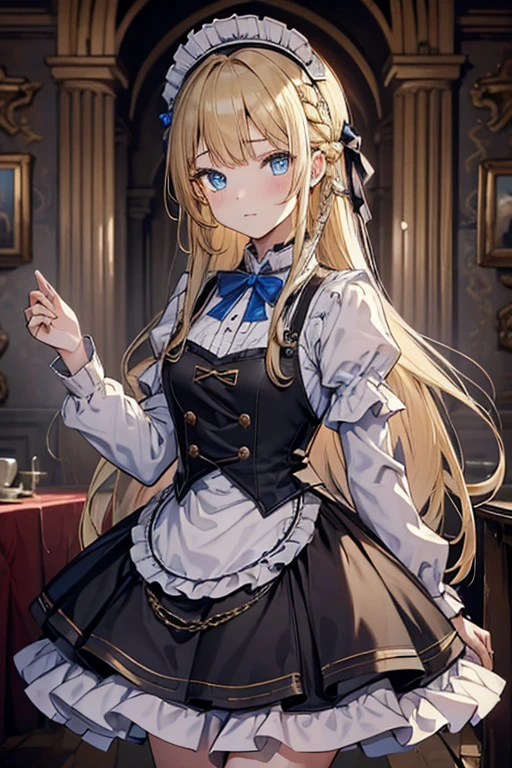 (8k, highest quality, Tabletop:1.2)、Ultra-high resolution、14-year-old girl, Perfect Fingers, Detailed face, blue eyes, blonde, Braiding、Black maid outfit,  royal palace、Entrance、On all fouropping