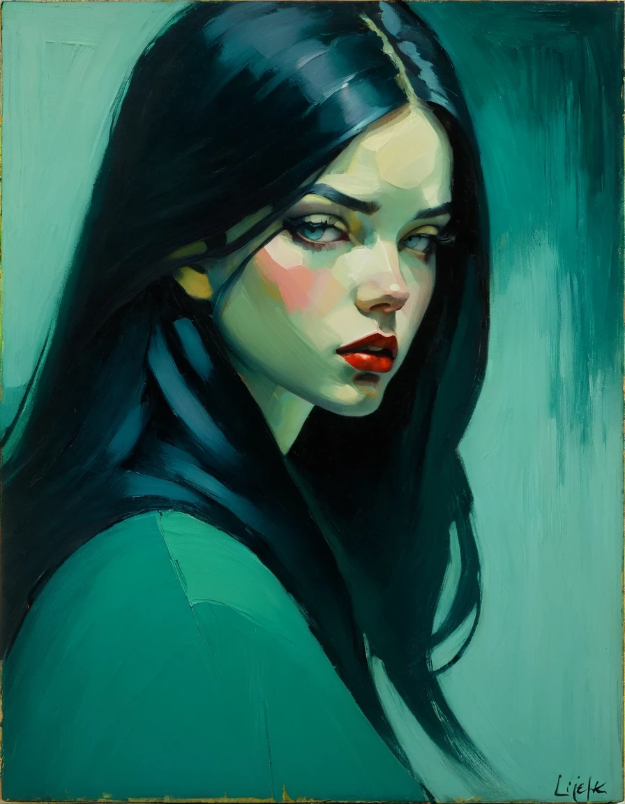 Create an evocative oil painting inspired by Malcolm Liepke, based on the provided image. Capture the intense, introspective expression of the young subject using thick, expressive brushstrokes and a muted color palette. Highlight the emotional depth and vulnerability in the subject's gaze, emphasizing the play of light and shadow on their face. Maintain a simple, textured background that complements the subject's contemplative presence. Focus on the tactile quality of the oil paint to convey the raw emotion and intimacy characteristic of Liepke's style.