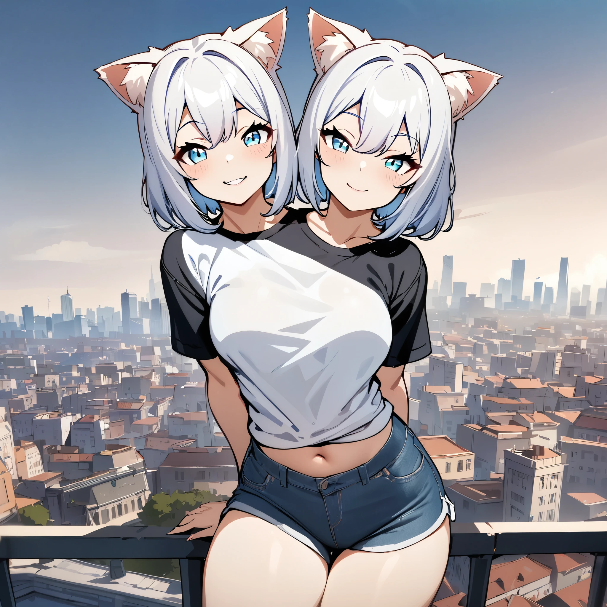 masterpiece, best quality, absurdres, two heads, conjoined, 1girl, cat ears, shirt, shorts, city background, smile