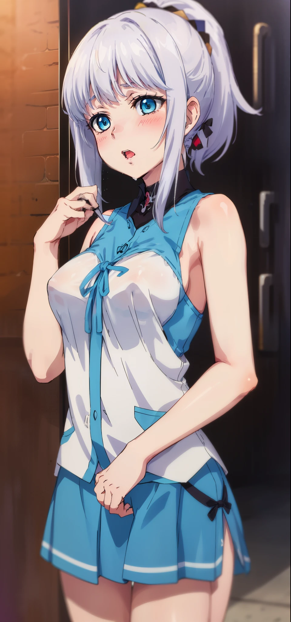 1 girl, kanon kanase, blush, medium breasts, sleeveless,((cowboy_shot, random clothes)), ((((30-year-old,mature)))), healthy skin. Cum, sex, penis, missionary,( Ponytail).