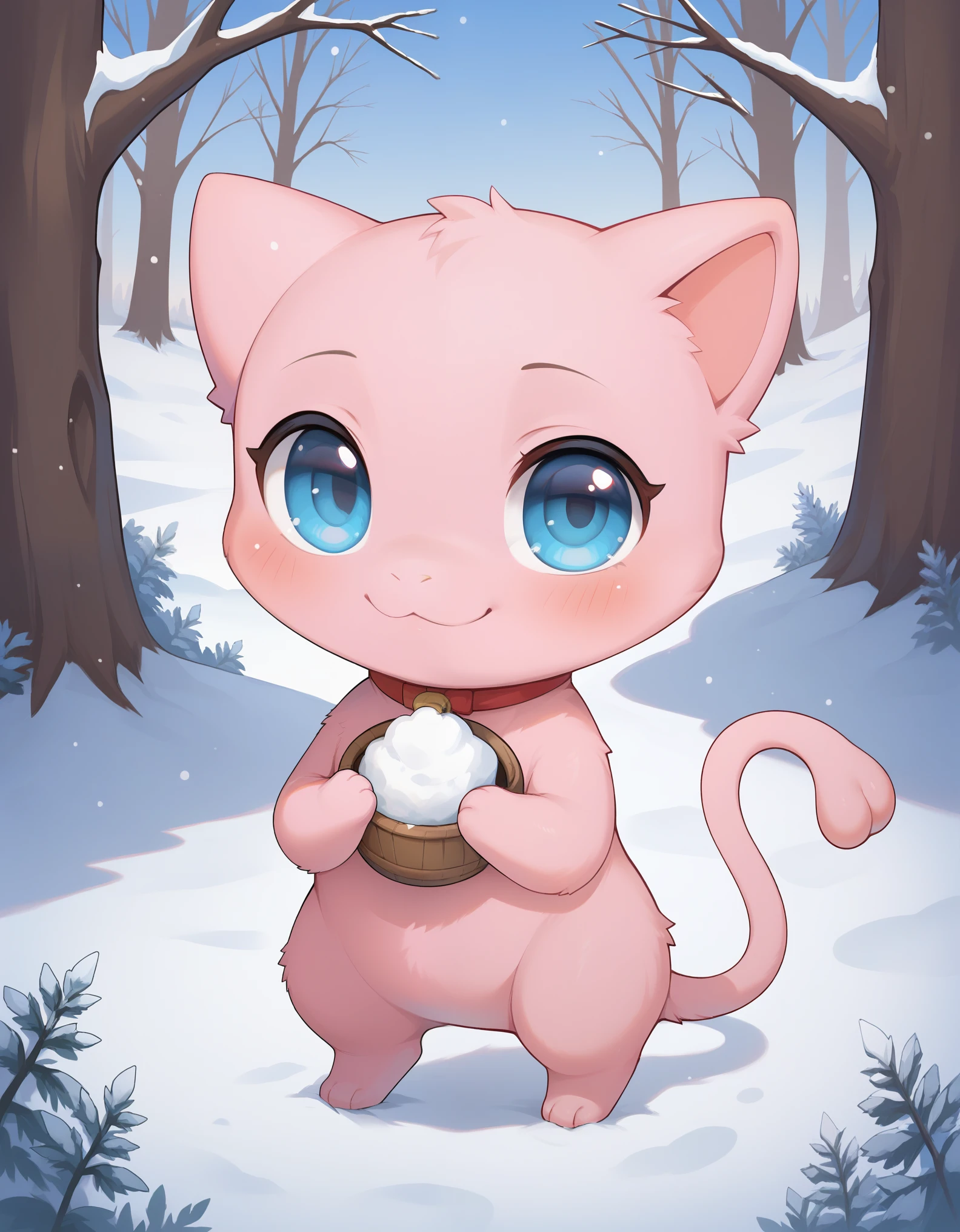 score_9, score_8_up, score_7_up, mew pokemon, cute, smile, forest,, best quality, hi res, masterpiece, absurd res, highly detailed, impasto, digital media \(artwork\), (simple background), winter, snow, forest BREAK, solo, chibi, nude, full body, blue eyes, pink fur, pokemon \(species\), glistening body, looking at viewer, blush,