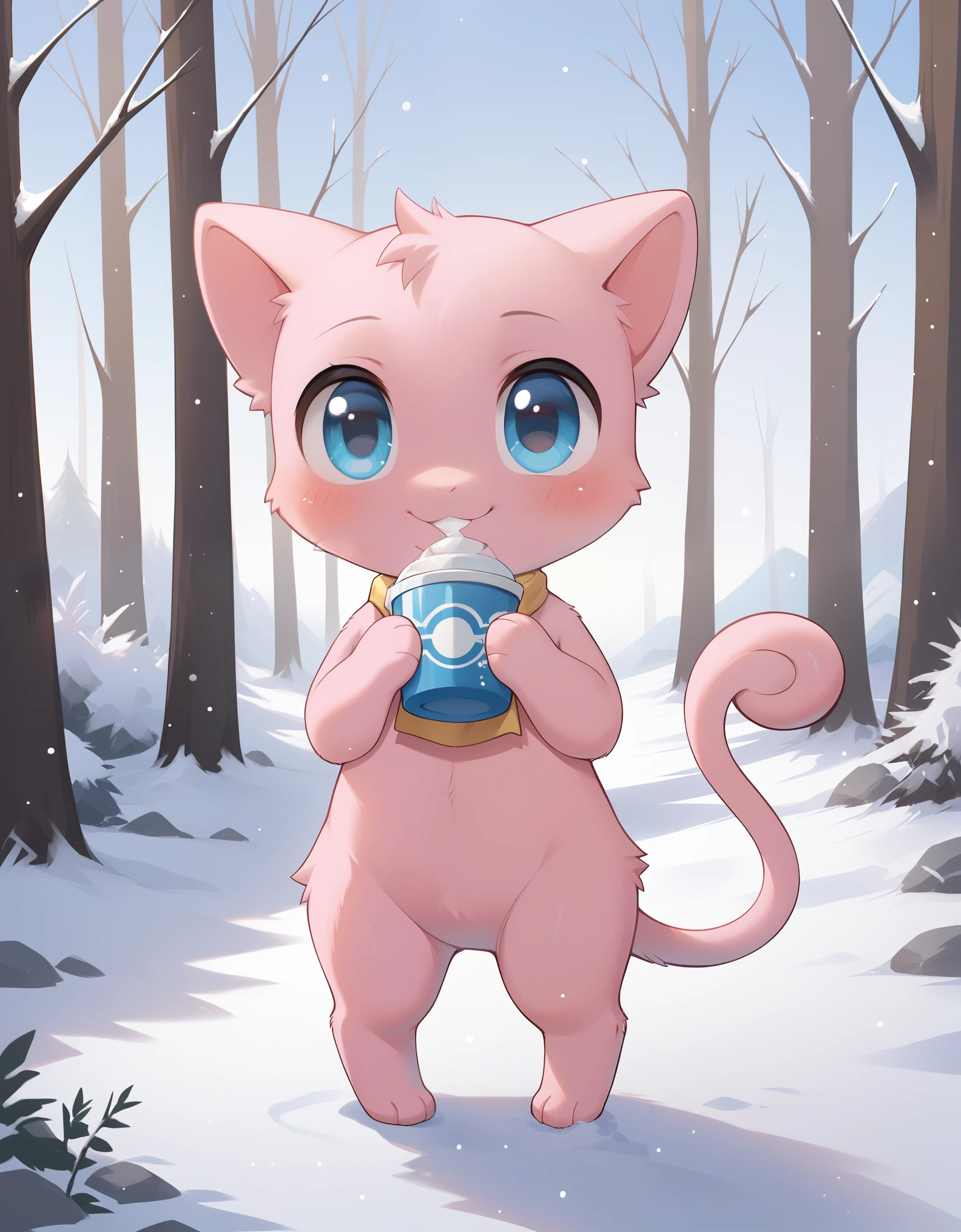 score_9, score_8_up, score_7_up, mew pokemon, cute, smile, forest,, best quality, hi res, masterpiece, absurd res, highly detailed, impasto, digital media \(artwork\), (simple background), winter, snow, forest BREAK, solo, chibi, nude, full body, blue eyes, pink fur, pokemon \(species\), glistening body, looking at viewer, blush,